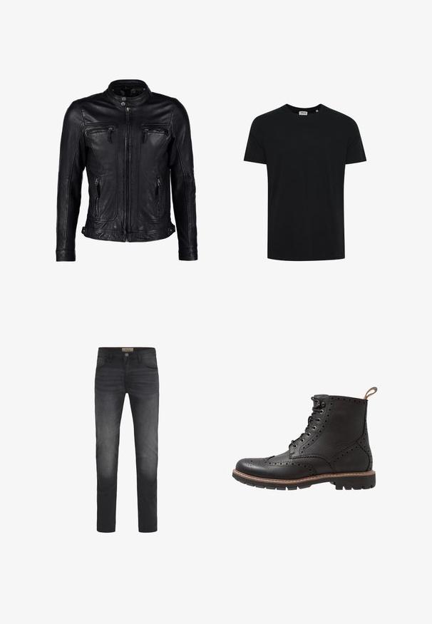 Schwarze Lederjacke mit Stehkragen, Frontreißverschluss und zwei Reißverschlusstaschen auf der Brust, mit nahtlosem Schulterdesign und minimalen Nähten.; Schwarzes, kurzärmliges T-Shirt mit Rundhalsausschnitt, vor weißem Hintergrund dargestellt, ohne sichtbare Logos oder Muster.; Dunkelblaue Jeans mit Slim-Fit-Schnitt, Knopfverschluss, fünf Taschen und einem leichten Ausbleichungseffekt an den Oberschenkeln.; Schwarze Leder-Stiefelette mit Broguedetails, Schnürverschluss und Gummisohle mit strukturiertem Profil. Braune Nähte betonen die Kante.