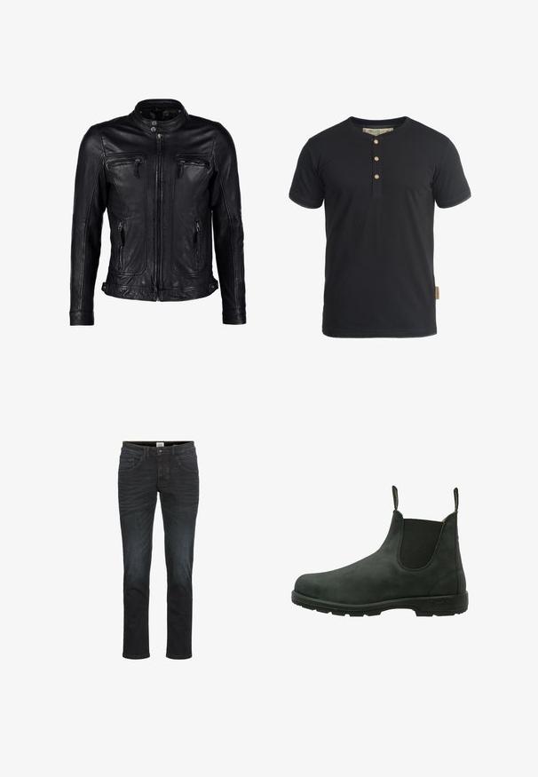 Schwarze Lederjacke mit Stehkragen, Frontreißverschluss und zwei Reißverschlusstaschen auf der Brust, mit nahtlosem Schulterdesign und minimalen Nähten.; INDICODE JEANS IDTONY - T-Shirt basic - black; Schlanke Jeans in dunkelblauem Denim, mit fünf Taschen, Gürtelschlaufen und einem Reißverschluss. Glatte Textur mit minimaler Ausbleichung und Nähdetails.; Schwarze Chelsea-Stiefel aus Wildleder mit elastischen seitlichen Einsätzen und einer strukturierten Gummisohle. Runde Zehenpartie mit Zuglaschen für einfaches Anziehen.