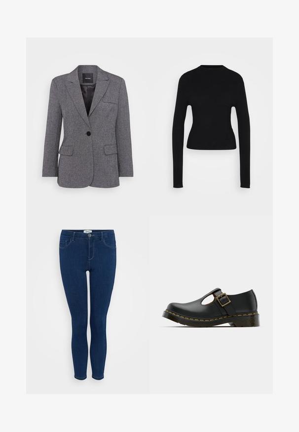 Grau strukturierter Blazer mit einer einzelnen Knopfverschlüssen, Reverskragen und zwei Vorderentaschen. Gefüttertes Innenfutter mit einem schwarzen Etikett.; Schwarzer, taillierter, gerippter Strickpullover mit langen Ärmeln, hohem Rundhalsausschnitt und leicht verkürztem Saum vor einem weißen Hintergrund.; Dunkelblaue Skinny-Jeans aus Denim, mit einem klassischen Fünf-Taschen-Design und einem Frontknopfverschluss. Glatte Textur mit minimalen Nähten.; Schwarzer Lederschuh mit abgerundetem Zeh, Fesselriemen und Schnalle, niedrigem Absatz und gelben Nähten entlang der Sohle. Glatte Textur durchgehend.