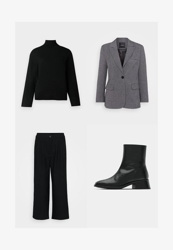 Grå, struktureret blazer med en enkelt knaplukning, klapkraver og to forreste lommer. Foret inderside med et sort mærke.; Sort turtleneck trøje lavet af blødt strikstof, der har lange ærmer og en afslappet pasform. Glat tekstur uden synlige mønstre eller accenter.; Sorte bukser med bred benvidde lavet af glat stof, der har frontfolder, en talje med knaplukning og en flydende silhuet.; Sort ankelstøvle lavet af blank læder, med et strømlinet design, spids tå og en moderat blokhælhøjde for stabilitet.