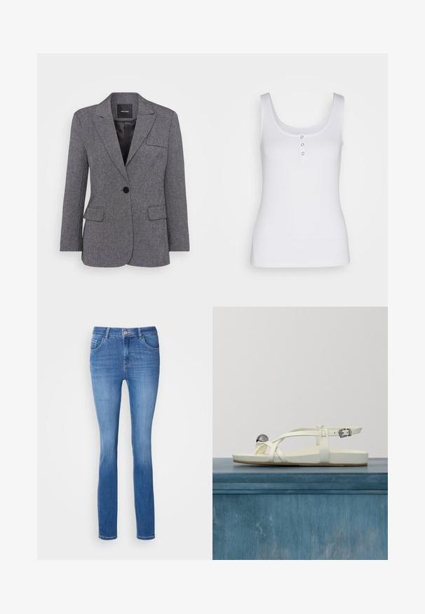 Grau strukturierter Blazer mit einer einzelnen Knopfverschlüssen, Reverskragen und zwei Vorderentaschen. Gefüttertes Innenfutter mit einem schwarzen Etikett.; Weißes Tanktop aus geripptem Stoff mit einem Rundhalsausschnitt und drei metallischen Druckknöpfen an der Front. Glatte Textur, figurbetonter Schnitt.; Blaue Jeans mit schlankem Schnitt, fünf Taschen und einem dezenten, verwaschenen Muster. Hergestellt aus weichem, dehnbaren Stoff, mit einem klassischen Knopfverschluss.; Weiße Sandale aus glänzendem Material mit dünnen Riemen, verstellbarer Schnalle und einer dekorativen metallischen Kugel am Zehenbereich. Leichtes Design.