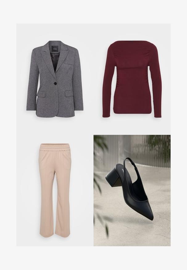 Grå, struktureret blazer med en enkelt knaplukning, klapkraver og to forreste lommer. Foret inderside med et sort mærke.; Bordeaux langærmet top lavet af blødt stof, med firkantet halsudskæring og sideskæring for en tætsiddende pasform. Glat tekstur uden mønstre.; Lys beige bukser med elastisk talje og afslappet pasform. Har lodrette sømme og et blødt, glat stof. Flared ben-design.; Sort læder slingback hæl med spids tå og blokhæl. Glat tekstur, minimalistisk design og justerbar ankelrem.