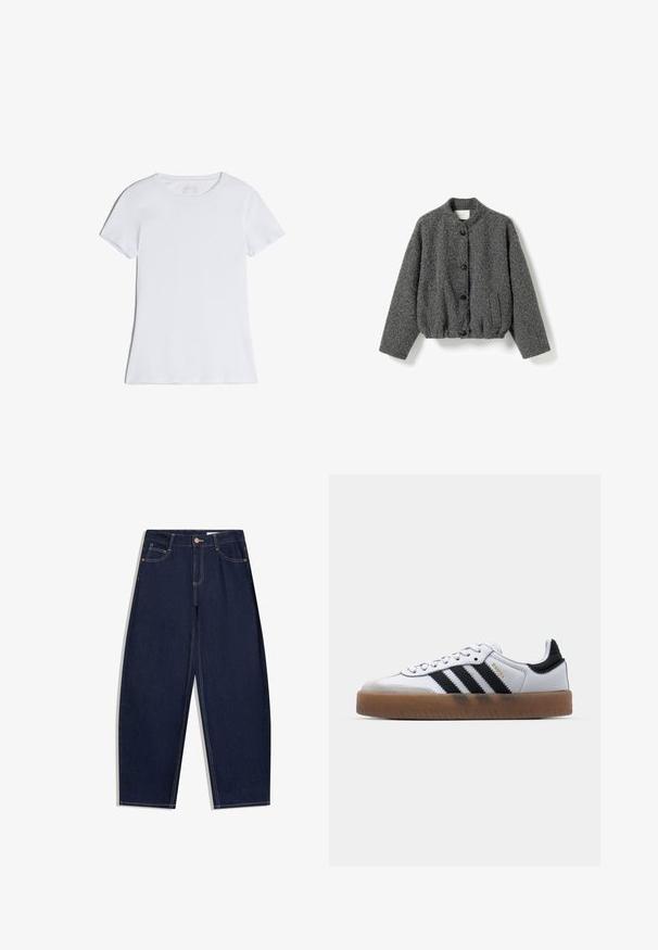 Grijze textuur jasje, ronde halslijn, vijf zwarte knopen, elastische zoom en een zijzak. Gemaakt van zachte stof met een iets losse pasvorm.; Effen wit t-shirt met korte mouwen en ronde hals, plat gelegd zonder zichtbare patronen of logo's.; Donkere blauwe spijkerbroek met een losse pasvorm, vijf zakken, een knoopsluiting en contrasterende gele stiksels langs de naden.; Witte leren sneakers met zwarte strepen, gumrubberen buitenzool, ronde neus, vetersluiting en een zachte grijze suède neuskap.