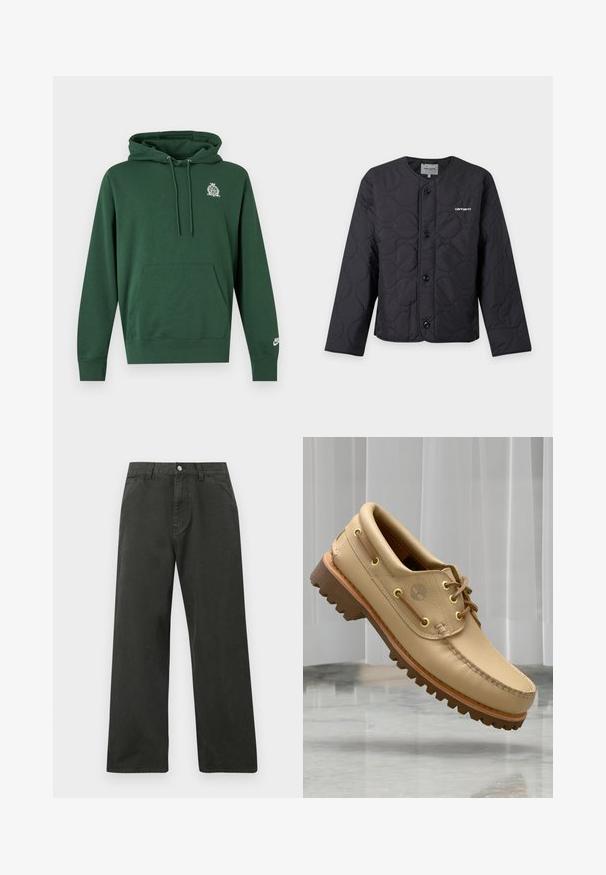 Μαύρο καπιτονέ μπουφάν Carhartt με στρογγυλή λαιμόκοψη, κουμπιά μπροστά και μικρό λευκό λογότυπο στην αριστερή περιοχή του στήθους.; Σκούφο πράσινο φούτερ με τσέπη μπροστά, κορδόνι στο κουκούλι, μικρό λευκό έμβλημα στο αριστερό μέρος του στήθους και λευκό λογότυπο Nike στον αριστερό καρπό.; Κανονικής γραμμής μαύρο παντελόνι με εμπρόσθιες τσέπες, θηλιές για ζώνη και κούμπωμα με κουμπί στη μέση.; Ένα ανοιχτό καφέ δερμάτινο ναυτικό παπούτσι με παχύ, ραβδωτό πάτο και λεπτομέρειες από κορδόνια, που αιωρείται πάνω από ένα μαρμάρινο δάπεδο με φόντο λευκές κατακόρυφες περσίδες.