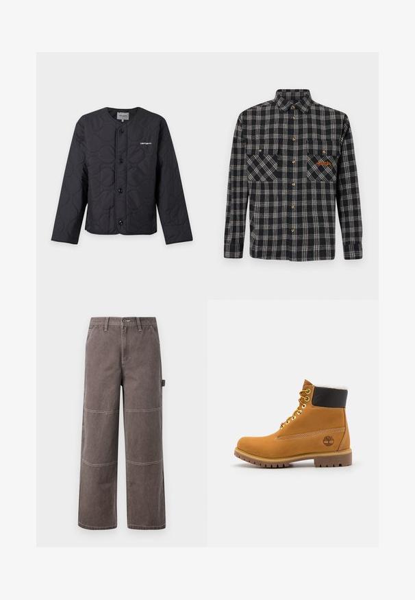 Veste matelassée noire Carhartt avec col rond, boutons sur le devant et petit logo blanc sur le côté gauche de la poitrine.; Chemise en flanelle à carreaux bleu marine et crème avec boutons dorés, deux poches poitrine, et détail de logo orange sur la poche gauche.; Pantalons larges de couleur marron délavée, fabriqués en tissu durable avec des coutures contrastées. Présente des détails en panneaux et une poche latérale.; Bottine en cuir brun avec œillets en métal, doublure en fourrure blanche, col rembourré noir, semelle robuste et logo en relief sur le côté.
