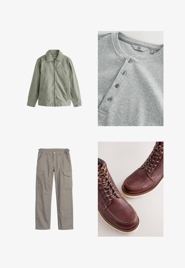 Lichtgroene jas van stevig katoenmateriaal, met een rits aan de voorkant, een puntige kraag, zijzakken en een klein borstzakje.; Grijze gebreide shirt met lange mouwen en een ronde halslijn, vijf knopen sluiting, ribbelstructuur en een slim fit ontwerp. Label geeft maat M aan.; Cargo broek in lichtgrijze stof, met twee grote zijzakken, voorzakken, een knoopsluiting en een losse pasvorm.; Bruine leren laarzen met een gladde afwerking, voorzien van metalen veteroogjes, grijze veters en een rubberen zool in crèmekleur. Stiksel detail langs de randen.