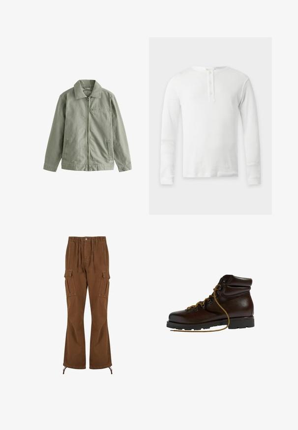 Chaqueta verde claro hecha de un material de algodón resistente, con cierre de cremallera en el frente, cuello puntiagudo, bolsillos laterales y un pequeño bolsillo en el pecho.; Camiseta térmica blanca de manga larga con cuello redondo y tapeta de tres botones, presentada plana sobre un fondo claro.; Pantalones cargo marrones con cintura elástica, detalles de cordón, dos bolsillos laterales y piernas más anchas con dobladillos ajustables.; Botas de senderismo de cuero marrón con punta redondeada, superficie texturizada, cordones amarillos y ojales de metal. Cuentan con una suela de goma negra resistente.