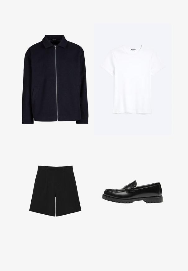 Veste noire avec un col, fermeture éclair à l'avant et poches latérales ; fabriquée en tissu texturé avec une coupe décontractée.; T-shirt blanc uni à manches courtes et col rond avec une étiquette de la marque WEEKDAY visible au niveau du col, présenté sur un fond clair.; Short noir sur mesure avec passants de ceinture, plis devant et poches latérales, posé à plat sur un fond blanc.; Mocassin en cuir noir avec une semelle en caoutchouc épaisse et un détail classique de bride à monnaie, vu de côté extérieur.