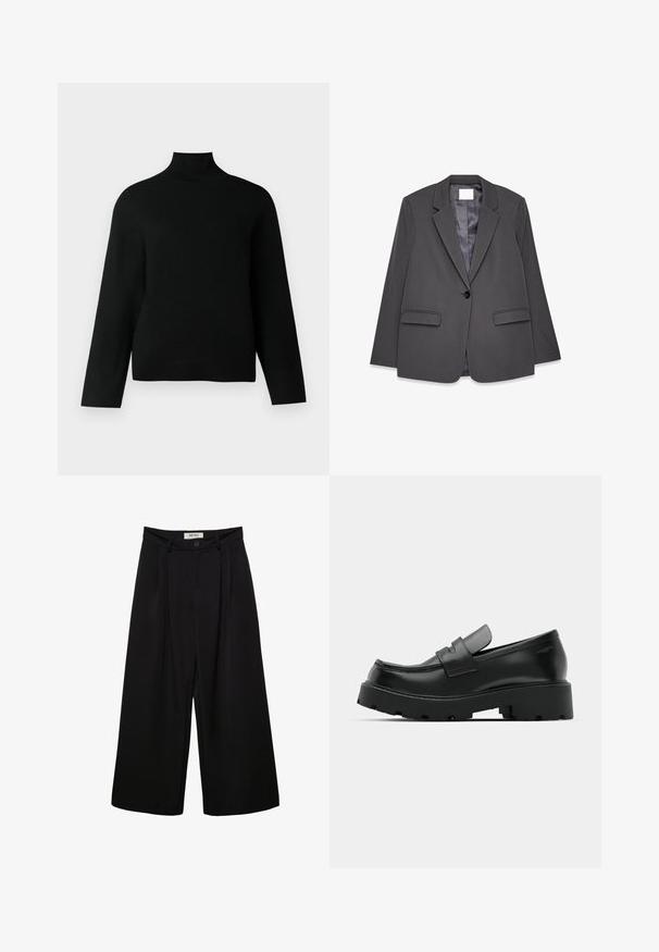 Grå blazer lavet af glat stof, med en nedskåret krave, enkelt knaplukning, to forlommer og en blød inderside.; Sort turtleneck trøje lavet af blødt strikstof, der har lange ærmer og en afslappet pasform. Glat tekstur uden synlige mønstre eller accenter.; Sorte bukser med vide ben og høj talje, med forreste læg, to sidelommer og knaplukning. Glat stoftekstur.; Sorte læder loafers med en chunky tekstureret sål, der har en rem over vamps og en glat, poleret finish.