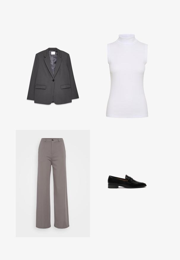 Grå blazer lavet af glat stof, med en nedskåret krave, enkelt knaplukning, to forlommer og en blød inderside.; Hvid ærmeløs turtleneck top i ribbet stof, med en tætsiddende design og glat tekstur, høj krave og ingen synlig hardware.; Bredde bukser i et blødt gråt stof. Har en knaplukning og rene sømme. Glat tekstur uden synlige mønstre eller udsmykninger.; Sorte læder loafers med flad hæl, der har en rektangulær rem over vampen og en glat, poleret overflade.