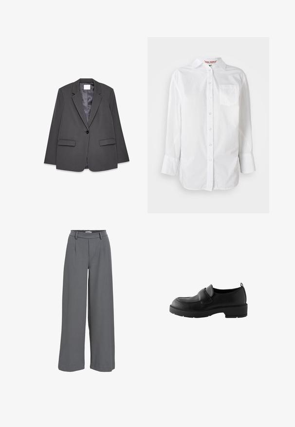 Blazer gris en tissu lisse, avec col à revers, fermeture à un bouton, deux poches avant et doublure intérieure douce.; Chemise blanche à manches longues avec col et poche poitrine, présentée sur un fond uni.; Pantalons à jambe large en tissu gris clair, avec une taille froncée, des plis avant et une texture lisse et douce.; Mocassins en cuir noir avec un bout rond, dotés d'une bande sur le devant et d'une semelle en caoutchouc texturé pour une meilleure adhérence. Comprend une tirette au talon.