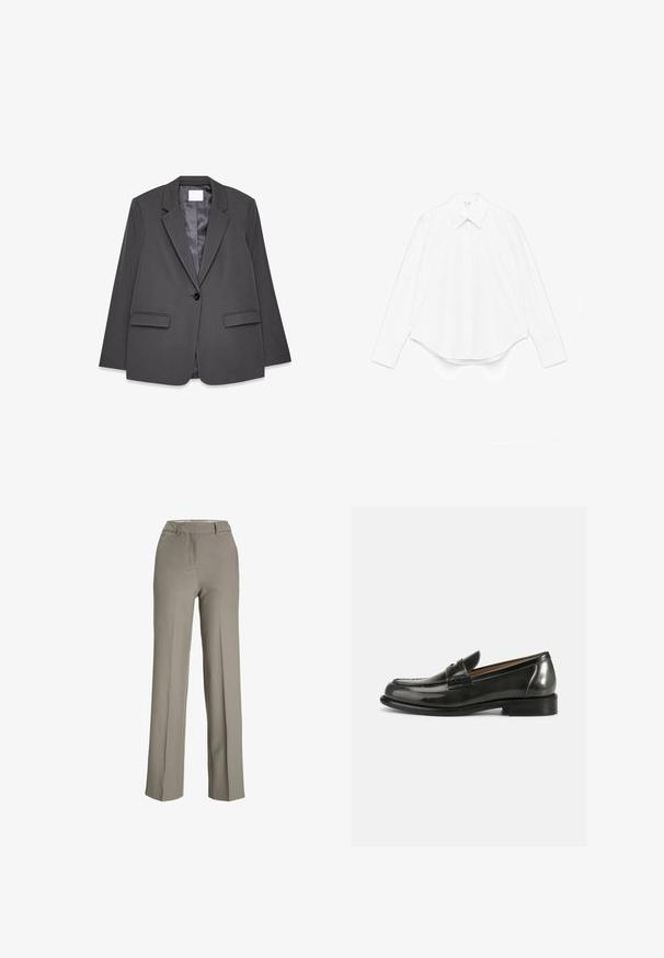Grau Blazer aus glattem Stoff, mit einem Reverskragen, einem einzelnen Knopfverschluss, zwei vorderen Taschen und einem weichen Innenfutter.; Weißes Langarmhemd aus Baumwolle mit spitzem Kragen, vorderer Knopfleiste und abgerundetem Saum mit weiten Bündchen.; Hellgraue, weit geschnittene Hose aus glattem Stoff mit einem maßgeschneiderten Taillengürtel, Vorderfalten und seitlichen Taschen.; Schwarze Lackleder-Pantoletten mit strukturiertem Design, runder Zehenform und gesteppten Details im Obermaterial, ausgestattet mit einem niedrigen, gestapelten Absatz.