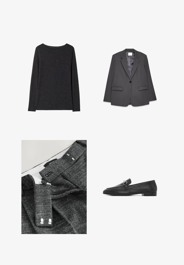 Blazer gris hecho de tejido suave, con cuello muesca, cierre de un solo botón, dos bolsillos frontales y un suave forro interior.; Jersey gris oscuro de manga larga con cuello redondo y textura ligeramente jaspeada, mostrado plano sobre un fondo blanco.; Los pantalones grises texturizados presentan un cierre de botón, cremallera y lazos de tela para el cinturón, con un forro interior blanco y detalles de costura distintivos.; Mocasines de cuero negro con punta redonda, que presentan una banda decorativa con un acento plateado y un tacón bajo. Textura suave en toda la superficie.