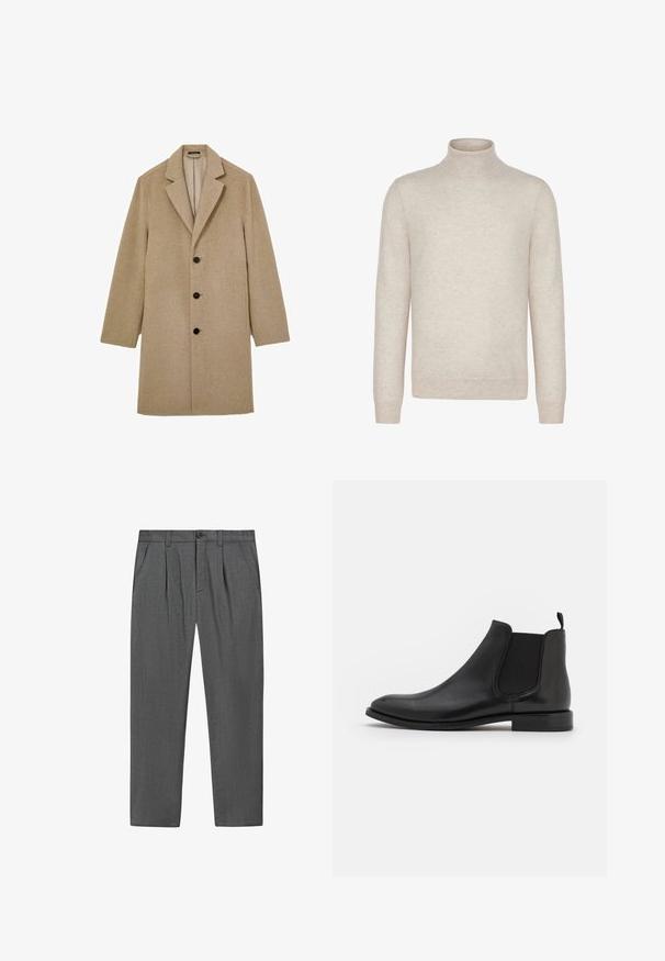 Beige knælængde uldfrakke med tre sorte knapper, klassisk reverskrave og lange ærmer, vist fladt mod en hvid baggrund.; Beige langærmet rullekrave sweater med ribstrikkede manchetter og kant, vist på hvid baggrund.; Grå formelle bukser med plisseringer, sidelommer, en frontknap og lynlåslukning, vist fladt på en hvid baggrund.; Sorte læder Chelsea støvle med elastiske sidepaneler, en rund tå og en lav hæl. Glat tekstur med et minimalistisk design.