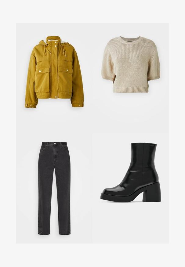 Gelbe, kapuzen Jacke aus robustem Material. Verfügt über zwei große Fronttaschen, Zugbänder und Druckknopfverschlüsse. Weiche Innenauskleidung.; Beige gestrickter Kurzarmpullover mit Rundhalsausschnitt. Verfügt über ein strukturiertes, lockeres Gewebe und gerippte Abschlüsse für eine strukturierte Passform.; Schwarze Denim-Jeans mit geradem Bein, hoher Taille, vorderem Knopf und Reißverschluss sowie fünf Taschen auf weißem Hintergrund.; Schwarze Stiefeletten mit glänzender Oberfläche, quadratischer Zehenpartie und dicker Blockabsatz. Das Design zeichnet sich durch eine nahtlose Silhouette und minimalistische Markenkennzeichnung aus.