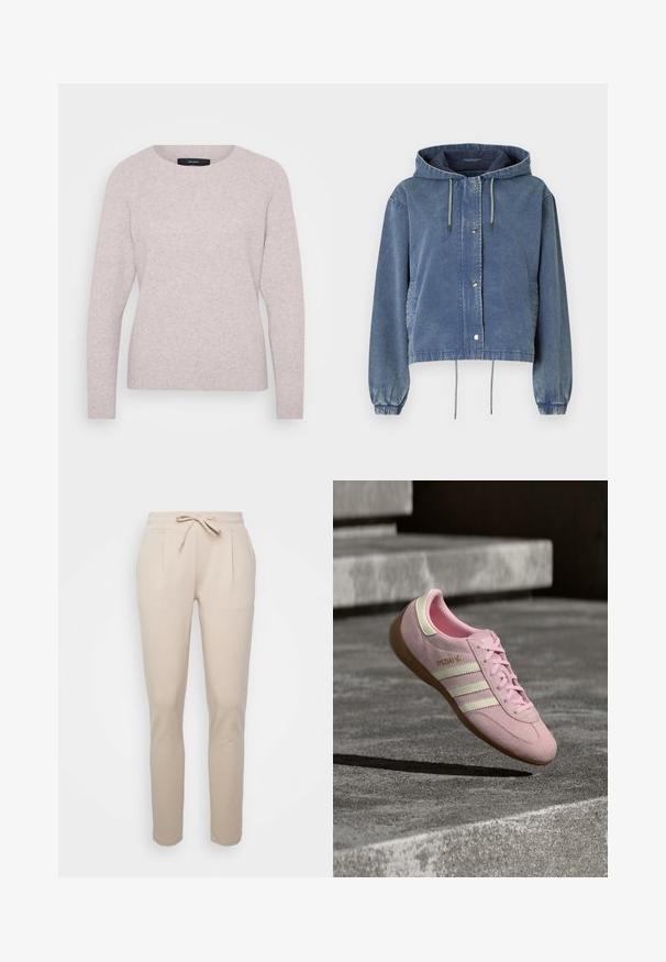 Jeansjacke in verblasstem Blau mit Kapuze, silbernen Druckknöpfen, elastischen Bündchen und verstellbaren Kordeln am Saum und der Kapuze.; Helles rosa Sweatshirt mit rundem Ausschnitt, langen Ärmeln und gerippten Bündchen. Niedrige Textur mit einem dezenten Melange-Muster.; Helle beigefarbene Jogginghosen aus weichem Material, mit einem Kordelzugbund, seitlichen Taschen und einem schmal zulaufenden Beinschnitt.; Rosa Wildleder-Sneaker mit drei weißen Streifen, Schnürdesign, Gummisohle und goldenem Logodetail an der Seite. Weiche Textur mit abgerundeter Form.