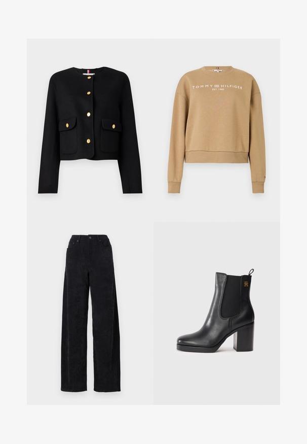 Schwarze cropped Jacke mit langen Ärmeln, ausgestattet mit goldenen Knöpfen und zwei vorderen Taschen. Glatte Textur und runder Ausschnitt.; Brauner Sweatshirt mit gerippten Bündchen und Saum. Mit einem weißen "TOMMY HILFIGER EST. 1985" Logo auf der Brust. Weicher Stoff, lässige Passform.; Schwarze Corduroy-Hosen mit weitem Bein und hohem Bund, ausgestattet mit zwei Fronttaschen und feiner vertikaler Rippstruktur.; Schwarze Leder-Ankle Boots mit Blockabsatz, elastischem Seitenpanel, Zuglasche und kleinem goldenen Logo an der Oberseite.