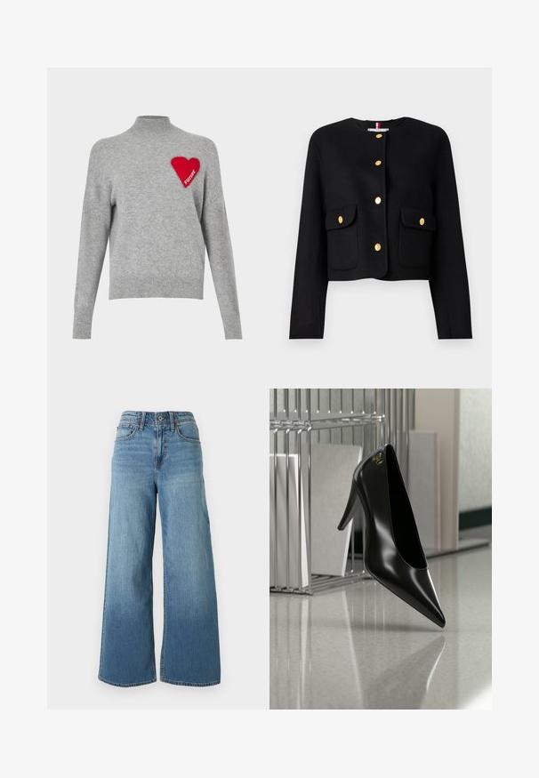 Veste noire courte à manches longues, dotée de boutons dorés et de deux poches avant. Texture lisse et col rond.; Pull en tricot gris avec un col montant, présentant un design de cœur rouge brodé avec le mot "FUTURE" sur le côté gauche.; Jean en denim bleu taille haute avec jambes larges, bouton sur le devant, fermeture éclair et style cinq poches sur fond uni.; Chaussure noire à talon haut avec bout pointu et logo doré, posée sur une surface réfléchissante près d'un organiseur de dossiers en fil chromé contenant des documents.