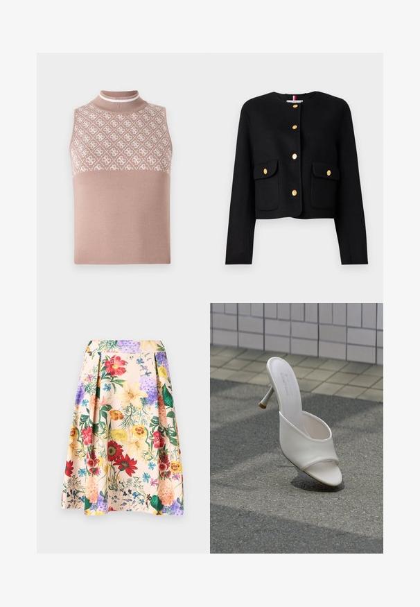 Sort cropped jakke med lange ærmer, der har guldknapper og to forlommer. Glat tekstur og rund halsudskæring.; Ærmeløs striktop i lys beige med en tekstureret, mønstret øverste del og en tætsiddende mock neck. Har en glat, ensfarvet nederste del.; Blomstret A-formet nederdel med plisseringer, der har store, farverige blomster i rødt, gult, lilla og blåt på en lysebeige baggrund.; Hvid højhælet mule-sko med åben tå, svævende over gråt asfalt- og flisevæg baggrund.