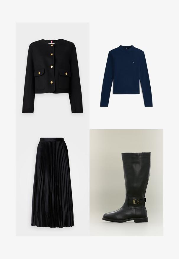 Veste noire courte à manches longues, dotée de boutons dorés et de deux poches avant. Texture lisse et col rond.; Crop top bleu marine à manches longues avec col montant et petit logo rouge, blanc et bleu sur la poitrine.; Jupe plissée noire en tissu lisse avec une taille large, présentant des plis verticaux pour une texture et un tombé fluides, atteignant la longueur midi.; Botte haute en cuir noir avec un talon bas et une bride latérale à petite boucle dorée, présentée sur un fond neutre.