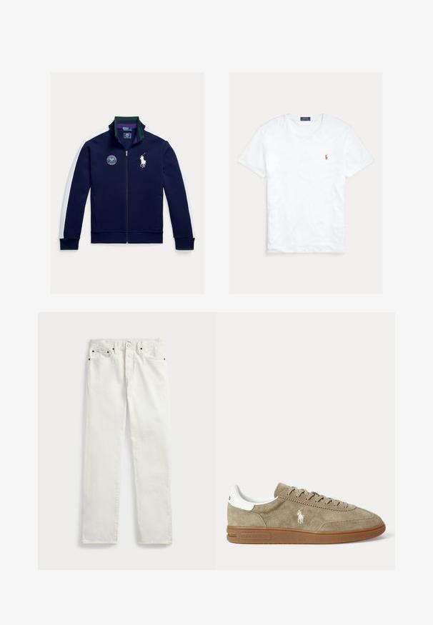 Marineblaue Jacke mit Reißverschluss, weißen Seitenpaneelen, grünen Akzenten und einem Wimbledon-Logo. Sie verfügt über einen hohen Kragen und eine glatte Stoffstruktur.; Weißes T-Shirt mit Rundhalsausschnitt und kurzen Ärmeln, mit kleinem gesticktem Polo Ralph Lauren Logo auf der linken Brust und blauem Markenetikett innen am Kragen.; Weiße Denim-Jeans mit geradem Schnitt, ausgestattet mit fünf Taschen, Metallknöpfen und Ziernähten entlang der Nähte. Glatte Textur.; Beiger Wildleder-Sneaker in niedrigem Schnitt mit brauner Sohle, weißem Fersendetail, Schnürsenkeln und weißem, seitlich gesticktem Polo-Spieler-Logo.