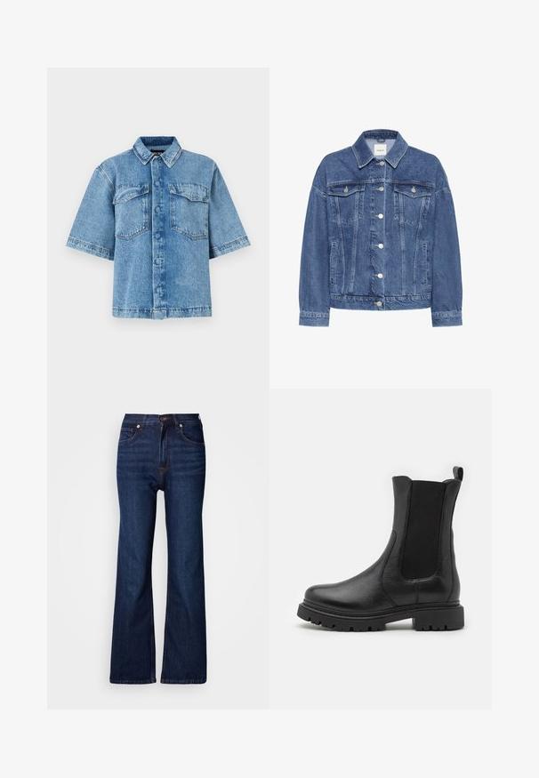 Denimjakke i blå, med knaplukning foran, to brystlommer og krave. Blød tekstur med en afslappet pasform.; Kortærmet denimskjorte i lyseblå med spread krave, to brystlommer og knaplukning fortil. Skjorten har en afslappet pasform og synlige syninger.; Vida, mørkeblå denimjeans med fem lommer, knaplukning og kontrastsyningsdetaljer. Glat tekstur med et robust udseende.; Svarte læder ankelstøvler med elastiske sidepaneler, en rund tå og en robust sål med udtalte skridsikre riller.