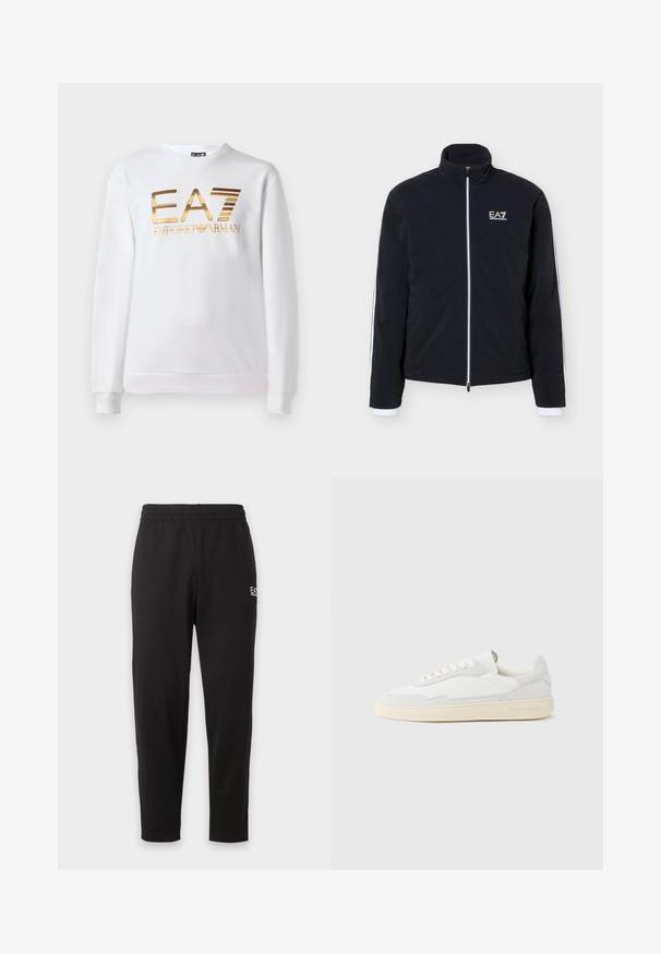 Chaqueta negra con cremallera, cuello alto y logo blanco EA7 Emporio Armani en el pecho izquierdo y ribete blanco a lo largo de las mangas.; Sudadera blanca de algodón con mangas largas y cuello redondo. Presenta un logo metálico dorado "EA7 EMPORIO ARMANI" en la parte delantera.; Pantalones de chándal negros con cintura elástica, piernas estrechas y un pequeño logo blanco en la parte superior del muslo izquierdo.; Zapatilla blanca con parte superior texturizada de ante y cuero. Presenta una puntera redondeada, cierre con cordones y suela de goma beige contrastante.