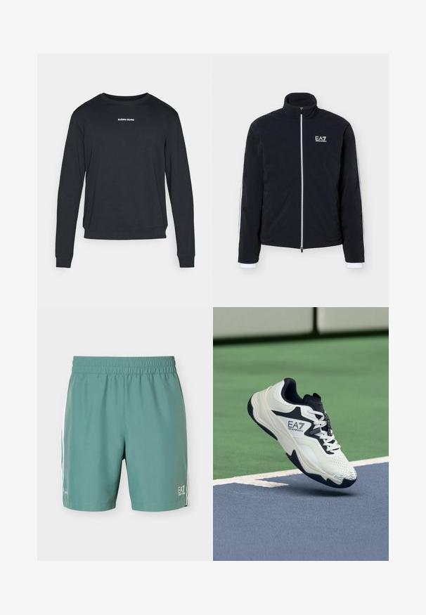 Čierna bunda na zips s vysokým golierom a bielym logom EA7 Emporio Armani na ľavej strane hrudníka a bielym lemom na rukávoch.; Čierna mikina s dlhým rukávom vyrobená z mäkkej tkaniny, s okrúhlym výstrihom, rebrovanými manžetami a bielym logom potlačeným na hrudi.; Zelené atletické šortky s elastickým pásom a bielymi bočnými pruhmi, s malým bielym logom EA7 Emporio Armani na dolnej časti nohy.; Bielo-námornícka športová obuv s textúrovaným zvrškom, vystlaným golierom a vzorovanou podrážkou, so znakom EA7 na boku.