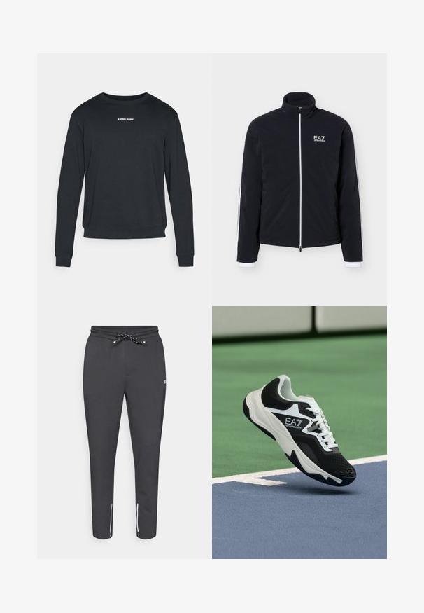 Chaqueta negra con cremallera, cuello alto y logo blanco EA7 Emporio Armani en el pecho izquierdo y ribete blanco a lo largo de las mangas.; Sudadera negra de manga larga hecha de tela suave, con cuello redondo, puños acanalados y un logo blanco impreso en el pecho.; Joggers negros ajustados con cintura elástica y cordón, bolsillos laterales con cremallera y acentos blancos en el tobillo. Hechos de una tela suave y elástica.; Zapatilla EA7 Emporio Armani en blanco y negro suspendida sobre las líneas azules y verdes de una pista de tenis.