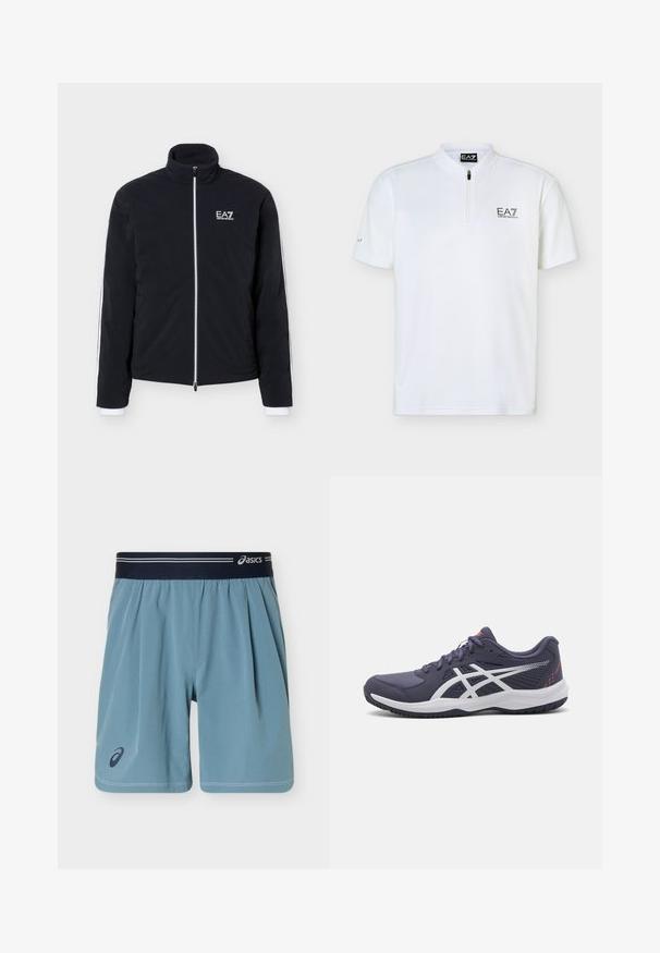 Čierna bunda na zips s vysokým golierom a bielym logom EA7 Emporio Armani na ľavej strane hrudníka a bielym lemom na rukávoch.; Biela polokošeľa s krátkymi rukávmi, štvrťzipsom a logom EA7 Emporio Armani na ľavej hrudi a štítkom na golieri.; Svetlomodré športové šortky s tmavomodrým elastickým pásom so sivými pruhmi a logom Asics na páse a nohavici.; Tmavomodré športové topánky s bielymi akcentmi, textúrovaný materiál, nízky strih, vyprofilovaná podrážka a šnurovacie uzatvorenie.