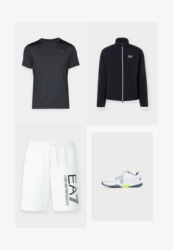 Musta vetoketjullinen takki korkealla kauluksella ja valkoisella EA7 Emporio Armani -logolla vasemmassa rinnassa sekä valkoisilla yksityiskohdilla hihoissa.; Musta, lyhythihainen t-paita, jossa sileä kangas, pyöreä kaula-aukko ja hillitty logo rinnassa. Rentoon käyttöön sopiva malli ilman näkyviä kuvioita.; Valkoiset puuvillashortsit, joissa on joustava vyötärönauha ja kiristysnauha. Vasemmalla puolella vihreä painettu logo "EA7 EMPORIO ARMANI".; Valkoinen urheilukenkä, jossa tummansininen pohja, musta reunus ja keltainen yksityiskohta, sivuprofiilikuva brändätyin yksityiskohdin yksivärisellä taustalla.