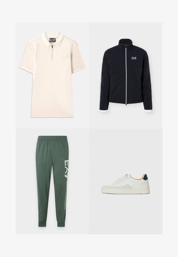 Zwarte jas met rits, hoge kraag en wit EA7 Emporio Armani-logo op de linkerborst en witte bies langs de mouwen.; Beige polo shirt met korte mouwen, ritskraag en subtiele logo borduring. Zacht materiaal met contrasterende accenten op de kraag en mouwen.; Groene sportbroek met een elastische tailleband, taps toelopende pasvorm en wit logodetail aan de linkerpijp; gladde, lichtgewicht stof.; Witte sneaker met suède accenten, ronde neus, platte veters en een crème rubberen zool. Bevat groene branding op de hiel.
