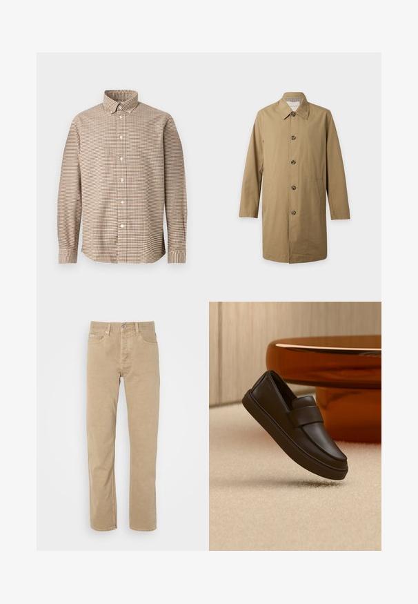 Enkelsluitend beige trenchcoat met lange mouwen, vier knopen aan de voorkant en zijzakken, getoond op een effen lichte achtergrond.; Beige en bruine geruite lange mouwen knoopshirt met een knoop- naar beneden kraag, weergegeven op een effen achtergrond, vooraanzicht.; Beige katoenen broek met een rechte pijp, voorzien van zijzakken, een knoopsluiting en subtiele stikseldetails langs de naden.; Enkele donkerbruine leren loafer die boven een crèmekleurig tapijt zweeft met een ronde oranje tafel op de achtergrond.