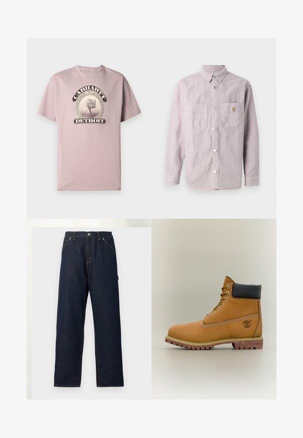 Lichtpaars langemouwen shirt gemaakt van katoen, met een knoopsluiting aan de voorkant, twee borstzakken en een merkembleem op de linker zak.; Lichtroze katoenen t-shirt met een ronde halslijn en korte mouwen, voorzien van een vintage-stijl grafisch ontwerp met "Carhartt WIP Detroit."; Donkerblauwe rechte spijkerbroek met voorzakken, riemlussen en een knoopsluiting in de taille tegen een effen achtergrond.; Bruine leren enkellaars met zwarte kraag, gele veters en een zandkleurige zool. Voorzien van een logo en witte stikseldetails. Robuuste loopzool met grip.