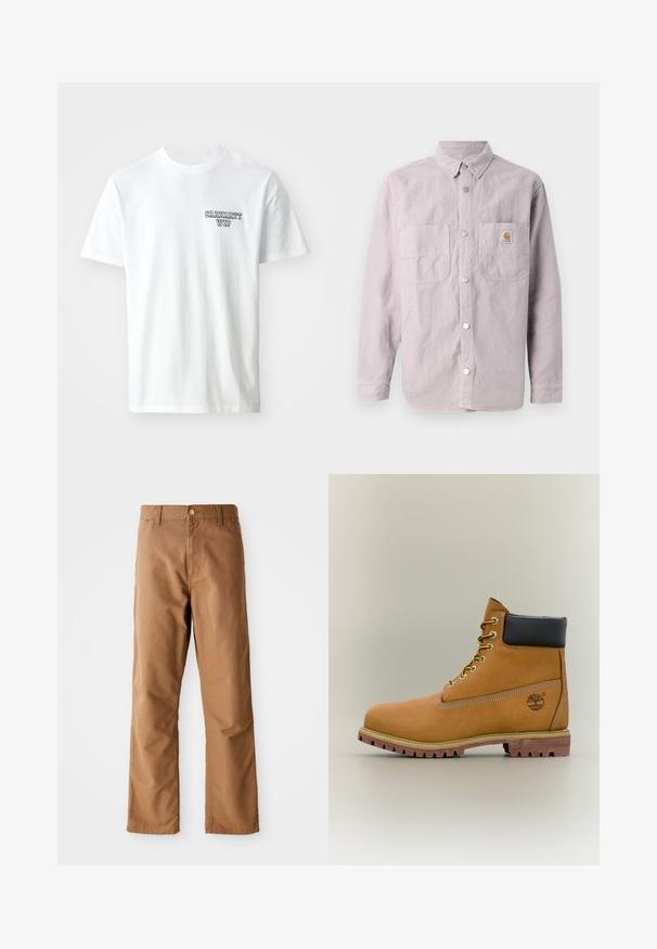 Lichtpaars langemouwen shirt gemaakt van katoen, met een knoopsluiting aan de voorkant, twee borstzakken en een merkembleem op de linker zak.; Witte katoenen t-shirt met een ronde halslijn. Voorzien van een klein blauw tekstlogo "CARHARTT WIP" op de linker borst. Classic fit, korte mouwen.; Bruine rechte broek met riemlussen, voorkant zakken, knoopsluiting en rits op een witte achtergrond.; Bruine leren enkellaars met zwarte kraag, gele veters en een zandkleurige zool. Voorzien van een logo en witte stikseldetails. Robuuste loopzool met grip.