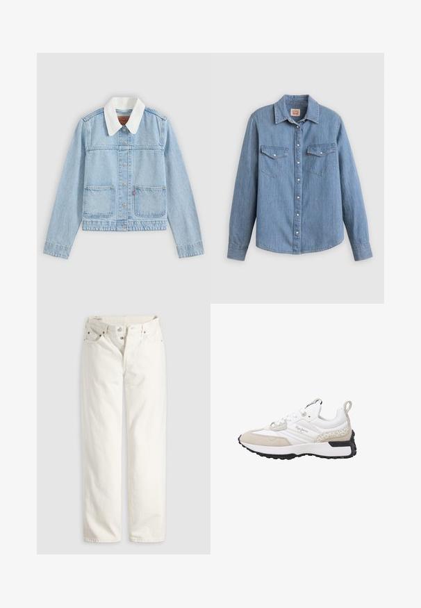 Veste en denim bleu clair avec col blanc, fermeture à boutons sur le devant et deux poches avant sur fond uni.; Chemise en denim bleu clair à manches longues, boutonnée à l'avant, avec deux poches poitrine et un col classique. Texture lisse et coupe décontractée.; Jean blanc taille haute à jambes droites avec braguette à boutons, poches avant et arrière, et rivets en cuivre visibles aux coins des poches.; Baskets blanches et beiges en suède et mesh, accents texturés, bout arrondi et semelle en caoutchouc. Logo visible sur le côté.