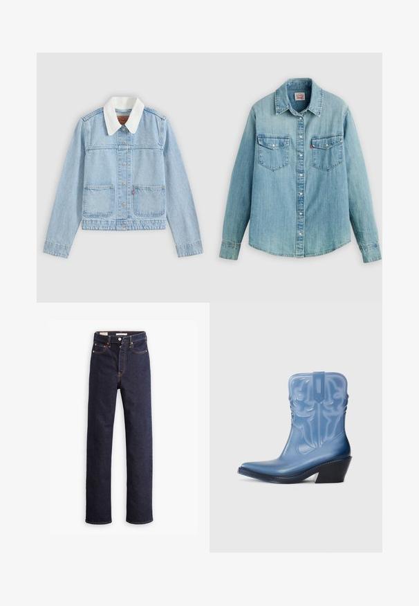 Lichtblauw spijkerjasje met witte kraag, knoopsluiting aan de voorkant en twee voorzakken op een effen achtergrond.; Lichtblauw denim overhemd met een klassieke kraag, knoopsluiting aan de voorkant, twee borstzakken en knoopmanchetten met een licht afgeronde zoom.; Donkerblauwe straight-leg denim jeans met vijf zakken en zichtbare oranje stiksels op een witte achtergrond.; Blauwe rubberen cowboylaars met een spitse neus, decoratieve stiksels en een zwarte wiggenhak. Lange schacht met een gestructureerd patroon.