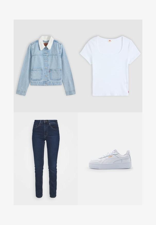 Veste en denim bleu clair avec col blanc, fermeture à boutons sur le devant et deux poches avant sur fond uni.; Haut blanc à manches courtes avec un décolleté carré, fabriqué en tissu à texture côtelée. Présente une petite étiquette logo rouge en bas à gauche.; Jean en denim bleu foncé avec une coupe slim, taille mi-haute, poches avant et fermeture éclair. Le tissu a une texture lisse.; Baskets blanches en cuir avec une semelle épaisse, présentant une texture lisse, un design minimaliste, des rayures sur les côtés et un petit logo.