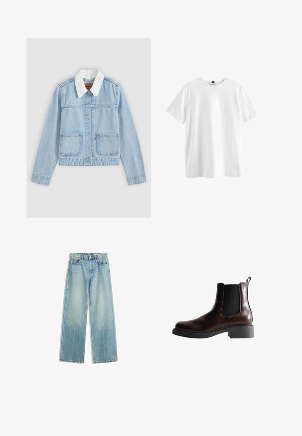 Lyseblå denimjakke med hvid krave, foran knapper og to forlommer på en ensfarvet baggrund.; Simpel hvid kortærmet t-shirt med rund hals og sort mærke indeni kraven, vist fladt på en hvid baggrund.; Lyseblå denimjeans med bred bendesign, mellemhøj talje, fem lommer, kontrastsyninger og minimal lyseeffekt for et klassisk look.; Brune læder ankelstøvle med elastiske sidepaneler, rund tå og en struktureret sort gummisål. Har kontrasterende syninger og en trækflap.