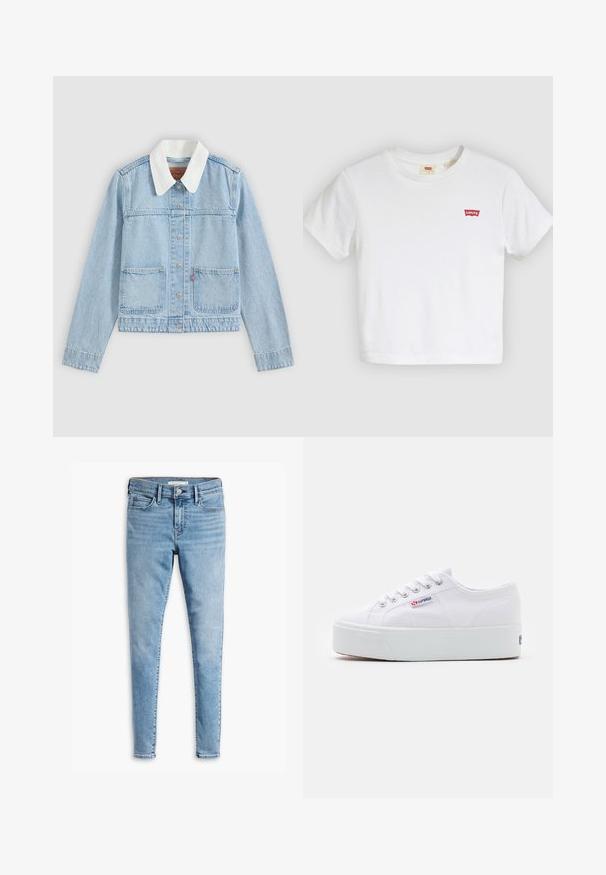 Hellblaue Jeansjacke mit weißem Kragen, vorderer Knopfverschluss und zwei Fronttaschen vor einfarbigem Hintergrund.; Weißes T-Shirt mit kurzen Ärmeln und Rundhalsausschnitt mit kleinem rotem Levi's-Logo auf der linken Brust.; Hellblaue superenge Jeans mit Knopf- und Reißverschluss vorne, Gürtelschlaufen und Design mit fünf Taschen.; Weiße Leinenschuhe mit einer dicken weißen Plattformsohle, runder Zehenpartie und Metallösen für die Schnürsenkel. Markenlogo an der Seite angebracht.