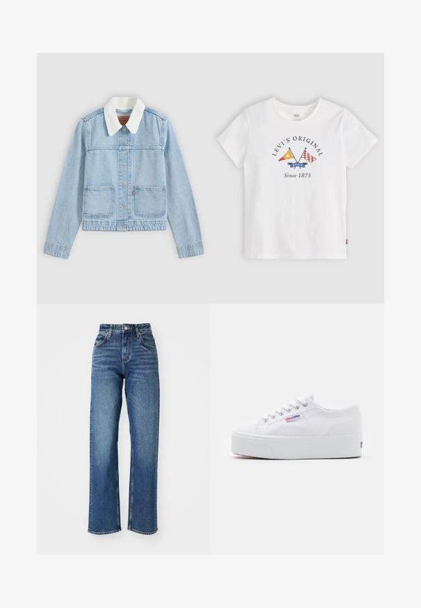 Hele sinine teksajakk valge kraega, ees nupuga kinnitusega ja kahe esitaskuga tavalise taustaga.; Valge lühikeste varrukatega Levi's T-särk, ristatud kollaste ja punaste lippudega ning tekstiga "Levi's Original Since 1873" esiküljel keskel.; Kõrge vöökohaga, laienevad teksad sinisest denimist. Omab viit taskut, nööbiga kinnitamist ja kerget pleekimist kangal.; Valge kangast sneaker paksu valge platvormi tossul, ümmargune nina ja metallist augud nööride jaoks. Brändi logo on küljes.