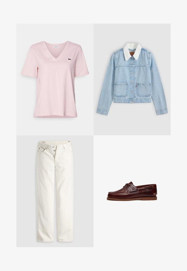 Chaqueta vaquera azul clara con cuello blanco, cierre de botones en la parte delantera y dos bolsillos delanteros sobre un fondo liso.; Camiseta de algodón rosa claro con cuello en V y mangas cortas, que presenta un pequeño logo de cocodrilo bordado en verde en el lado izquierdo del pecho.; Vaqueros blancos de talle alto con pierna recta, cremallera de botones, bolsillos delanteros y traseros, y remaches de cobre visibles en las esquinas de los bolsillos.; Zapato náutico de cuero marrón con cordones, detalles de costura y logo de Timberland en el lateral, mostrado sobre un fondo blanco.