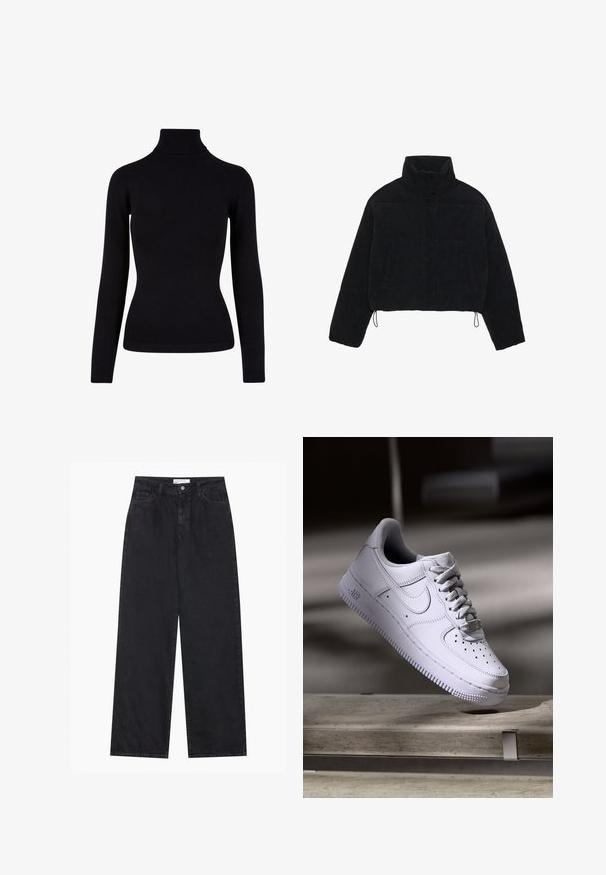 Sort fløjl cropped jakke med høj krave, trykknapper og to sidelommer. Har en justerbar snor i kanten.; Sort rullekrave sweater lavet af blødt strikkemateriale, med lange ærmer og ribbede detaljer ved halsen og kanten. Tætsiddende design.; Sorte højtaljede bredbenede denimjeans med frontknap og lynlås, bæltestropper og fem-lomme stil.; Hvid Nike Air Force 1 sneaker svævende over en betonoverflade med skygger i et minimalistisk miljø.