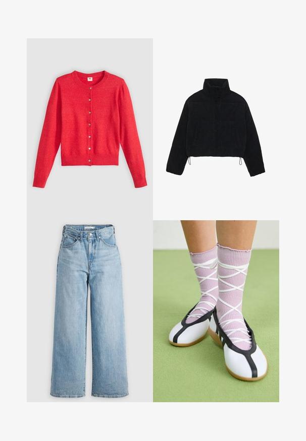Sort fløjl cropped jakke med høj krave, trykknapper og to sidelommer. Har en justerbar snor i kanten.; Rød cardigan lavet af blødt stof med rund halsudskæring, lange ærmer og knaplukning foran. Har matchende knapper.; Lys blå brede jeans med høj talje, lavet af denim stof. Har et klassisk fem-lomme design og metalhardware.; Ben iført ribbet lilla sokker med hvide krydsede stropper kombineret med hvide balletsko med sort kant på grøn gulv.