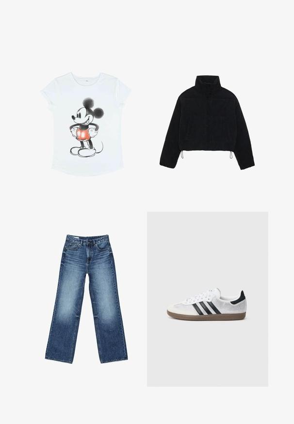 Schwarze Cordjacke mit Cropped-Schnitt, hohem Kragen, Druckknöpfen und zwei Seitentaschen. Verfügt über einen verstellbaren Kordelzug am Saum.; Weißes T-Shirt mit kurzen Ärmeln, das ein Grafikdesign von Mickey Mouse zeigt, illustriert in Schwarz und Rot, mit übergroßen Ohren und runden Schuhen.; Blaue Jeans mit weitem Bein, ausgestattet mit vorderen und Münztaschen, Knopfverschluss und ausgewaschenen Bereichen an Oberschenkeln und Knien.; Weißer Mesh-Sneaker mit schwarzen Streifen, beiger Wildleder-Kappe an der Spitze und am Absatz, strukturierter Gummisohle und weißen Schnürsenkeln. Klassisches Low-Top-Design.