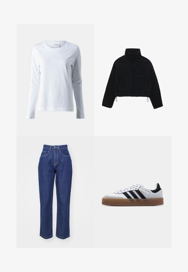 Chaqueta de pana negra cortada con un cuello alto, cierres a presión y dos bolsillos laterales. Presenta un cordón ajustable en el dobladillo.; Camiseta blanca de manga larga hecha de algodón suave. Presenta un cuello redondo y mangas ajustadas. Textura suave con un diseño liso.; Jeans de mezclilla azul oscuro con cintura alta, pierna recta, cinco bolsillos y costuras en contraste. Diseño clásico con una textura suave.; Zapatillas de cuero blancas con rayas negras, suela de goma, puntera redonda, cierre de cordones y caperuza de ante gris suave.