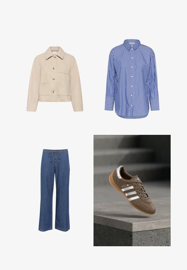 Beige wollen blazer van een wolmix met een kraag, gouden knopen, twee voorkruiszakken en een gestructureerde afwerking. Rechte snit met lange mouwen.; Blauw-wit gestreept shirt met lange mouwen, knoopsluiting, klassieke kraag, afgeronde zoom, gemaakt van lichtgewicht stof, met een ontspannen pasvorm.; Denim wijde pijpen broek met een trekkoord in de taille, in een middelblauwe kleur, rechte snit en subtiele stikseldetails.; Bruine suède sneaker met witte strepen en zilveren accenten, voorzien van een getextureerde bovenkant, vetersluiting en een zool van gumrubber.