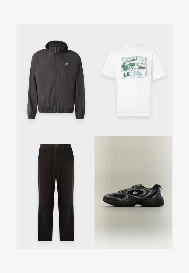 Chaqueta cortaviento negra ligera con cierre de cremallera, puños elásticos y cuello alto. Presenta un pequeño logo verde en el pecho.; Camiseta blanca de manga corta con diseño bordado de cocodrilo en verde y rosa y texto "LACOSTE" sobre un fondo de rejilla en la parte delantera.; Pantalones de pana negra con un diseño de pierna recta, que presentan una cintura elástica y un cierre de un solo botón. Textura suave, detalles mínimos.; Zapatilla deportiva negra y gris con paneles de malla, diseño de cordones, suela gruesa y un pequeño logo de cocodrilo en el costado.