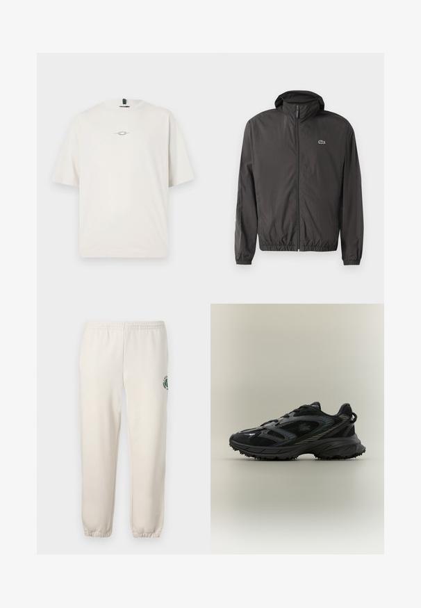 Veste coupe-vent noire légère avec fermeture éclair, poignets élastiques et col montant. Présente un petit logo vert sur la poitrine.; Oakley STACKED TEE - T-shirt imprimé - mist; Pantalon de jogging beige clair en coton, doté d'une taille élastique, de poignets en côtes et d'un logo vert avec un design de feuille sur la jambe gauche.; Chaussure de sport noire avec des panneaux en mesh, une semelle texturée, des lacets et une silhouette courbée avec des accents argentés sur les côtés.