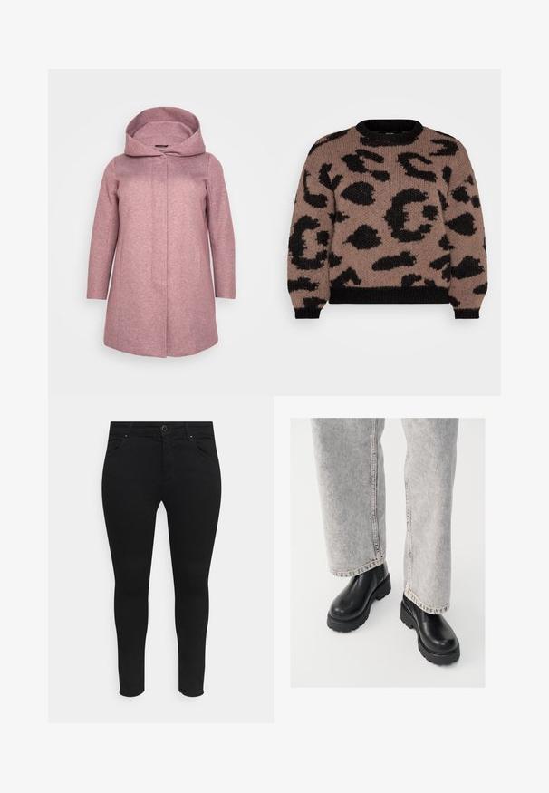 ONLY Carmakoma CARSEDONA LIGHT COAT OTW - Korte frakker - rose brown melange; Vero Moda Curve VMCZELMA O NECK - Striktrøje - brown/black; Sorte skinny jeans lavet af et strækstof, med forlommer, en knaplukning og et strømlinet design uden synlige mønstre eller udsmykninger.; Vagabond COSMO - Plateaustøvletter - black